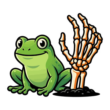 A cute green frog sitting next to a spooky human skeleton hand rising from the dirt soil in a fun Halloween cartoon illustration style white backgroun