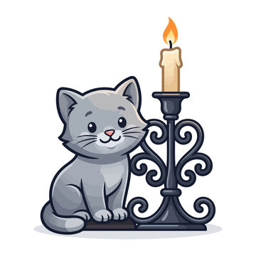 A Cute Grey Kitten Sitting Beside A Lit Candle In An Elegant Ornate Black Metal Candlestick Holder Illustrated In A Charming Cartoon Vector Style