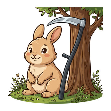 Cute cartoon rabbit standing beside a sharp scythe resting against a large tree trunk in a lush grassy meadow during a sunny autumn day design style