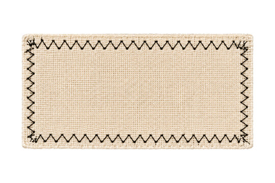 Rectangular Fabric Tag with Black Zigzag Stitching, Blank Stitched Canvas Label Isolated on Transparent