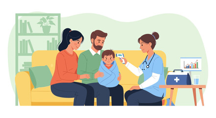 Fototapeta premium Doctor checking baby's temperature with infrared thermometer, family at home