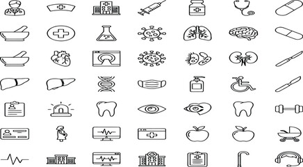 Fototapeta premium Comprehensive set of medical and healthcare outline icons featuring minimalist line art for web and mobile applications isolated on a white background