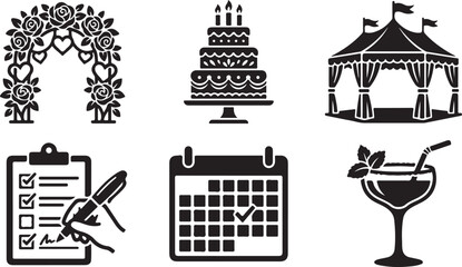 Set of black wedding and event planning icons including cake tent flowers calendar and checklist © Mahafuz
