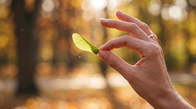 Human Hand Holding Maple Samara Seed in Golden Hour Autumn Park with Cinematic Warm Lighting