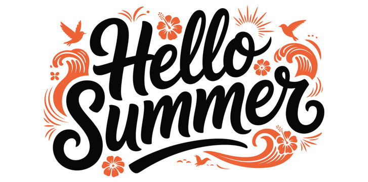 Hello summer text with decorative elements like waves birds and flowers isolated on transparent background