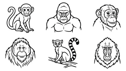 Set of cute monkey and ape character icons in black and white line art style © Abu
