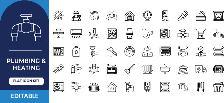 Plumbing and heating flat icon set for home services and repair businesses