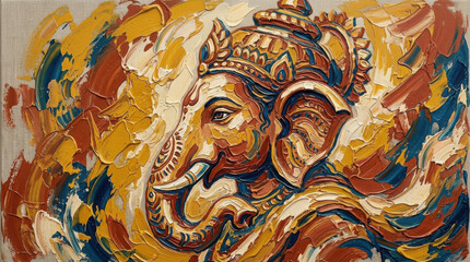 Fototapeta premium Oil painting of lord ganesha with thick impasto brushstrokes in vibrant yellow, generated using ai