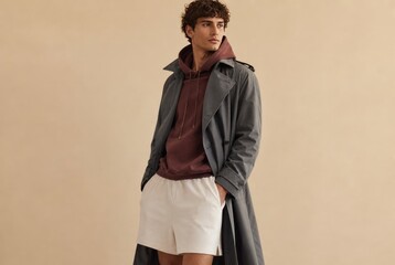 Fototapeta premium Confident young man in stylish layered outfit posing casually with hands in pockets, neutral beige studio background, modern urban fashion look, maroon hoodie under long gray trench coat, white