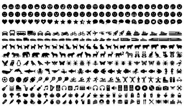 Ultimate Flat Black Emoji and Lifestyle Icon Collection with Transport, Food, Animals, Music and Technology Symbols