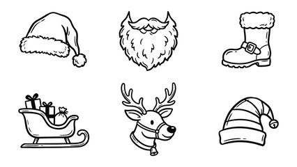 Set of hand drawn christmas icons with santa hat beard boot sleigh reindeer © Abu