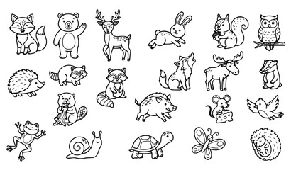 Obraz premium Doodle Forest Animal Line Art Coloring Page Vector Set for Kids