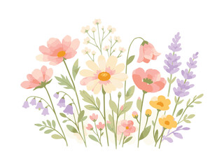 Obraz premium Pastel Botanical Wildflowers Collection with Lavender and Daisy Watercolor Floral Vector