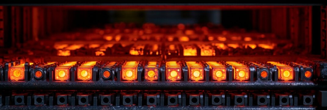 Medium shot of parts arranged on racks inside a heat treatment furnace line glowing as they undergo controlled carburizing to enhance surface hardness and wear resistance.