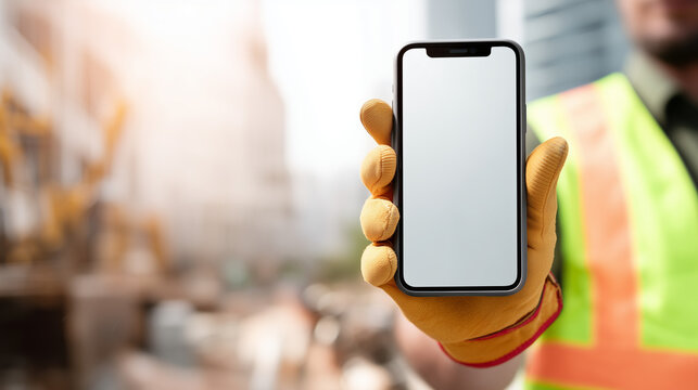 Construction worker wearing safety gloves and high visibility vest holding a smartphone with a blank screen at a building site. Mobile app, digital technology, construction management.