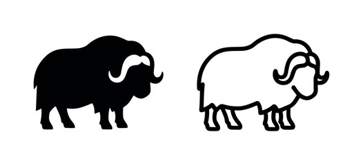 Musk Ox Icon, Arctic Mammal Animal Symbol in Flat and Outline Style © liubomir118809