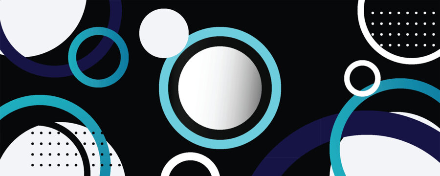 Abstract geometric background with blue, cyan, and white circles on black. Modern vector illustration banner with overlapping round shapes and halftone dots pattern.