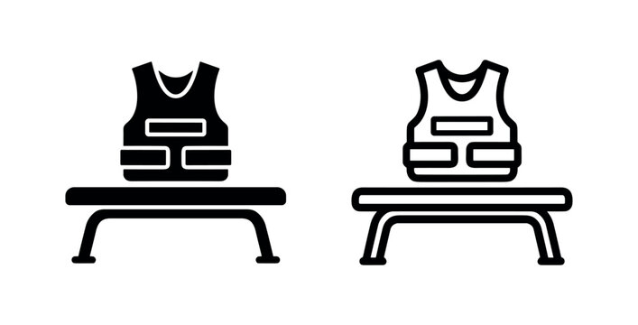 Bulletproof vest icon on a stand in glyph and line style, symbolizing protection and security.