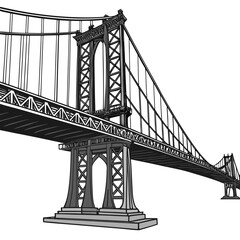 Fototapeta premium Detailed line of a suspension bridge with massive steel towers and cables isolated on a white background
