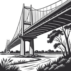 Fototapeta premium A large suspension bridge spanning a river with trees and reeds in the foreground, depicted in a clean black and white line style