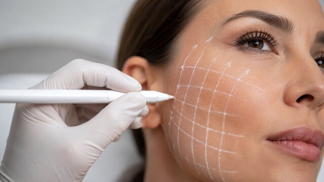 Surgeon marking woman's cheek for thread lift procedure