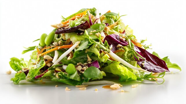 A clean commercial miso crunch salad composition isolated on a white background with crisp shadows and expansive copy space