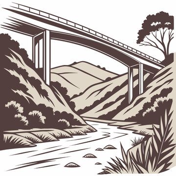Of a concrete arch bridge crossing a deep river valley with steep hills, lush greenery, and flowing water in the foreground