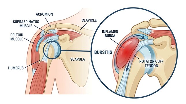 Medical illustration of shoulder bursitis anatomy