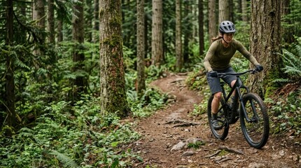 Fototapeta premium Mountain biker riding on forest trail wearing helmet