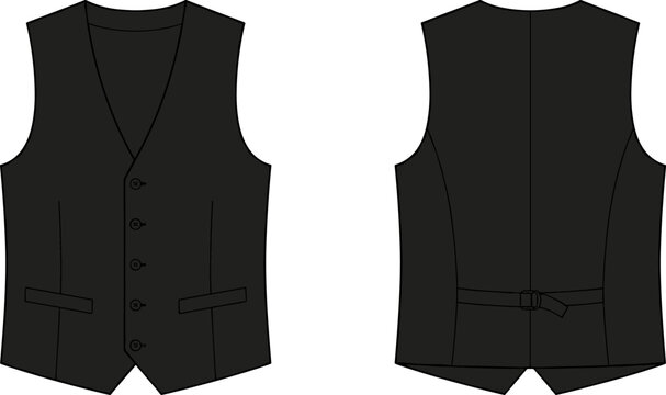 Blank black waistcoat vest mockup technical sketch template with front and back views classic tailored formal suit apparel fashion design vector illustration