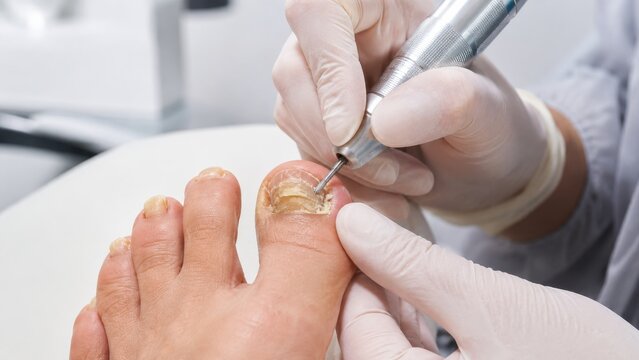 Podiatrist debriding fungal toenail with electric drill