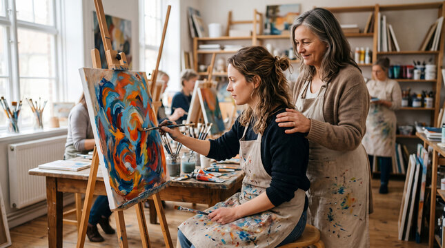Artistic Flourish: A female artist receives guidance from an elder instructor in a bright art studio, surrounded by fellow students engaged in their creative endeavors.