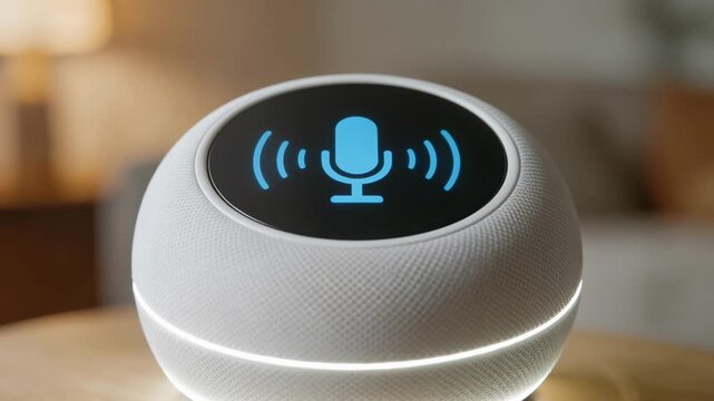Medium shot of a smart speaker with glowing microphone icon and blurred background showcasing voiceactivated search interface and waveform animation on device screen.