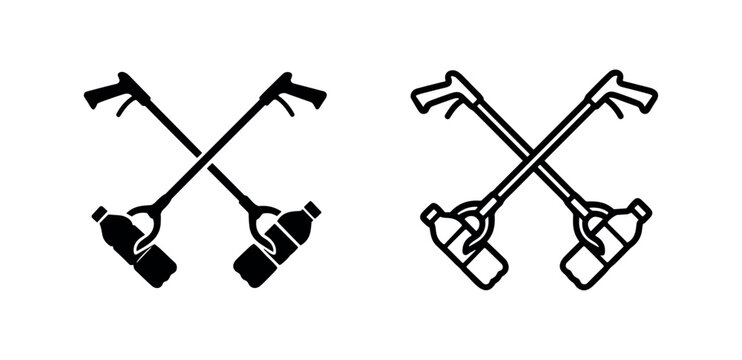 Crossed trash grabber tools with plastic bottles