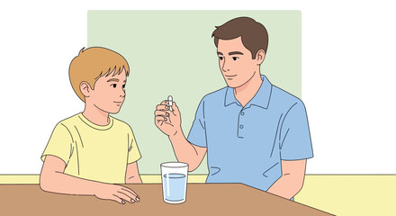 Fototapeta premium Father gives medicine to son, child health care and treatment