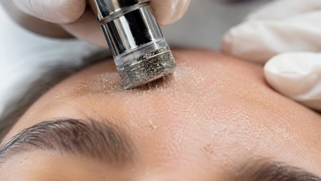 Diamond tip microdermabrasion exfoliating forehead skin