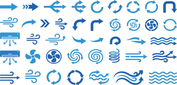 Air flow arrows. Blue cold wind stream, fresh water direction, filter and conditioner system infographic transparent movement and rotation elements. Vector arrow icons set