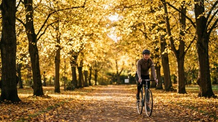 Obraz premium Cyclist riding along autumn park path surrounded by golden trees