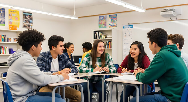 Diverse High School Students Group Studying Together in Classroom