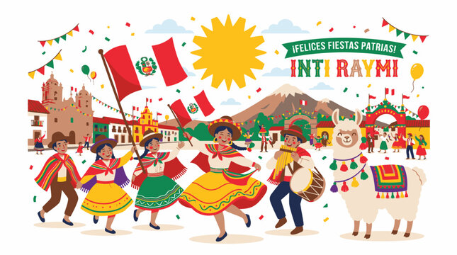 Vibrant Peruvian dancers celebrate Inti Raymi festival with llama and flag