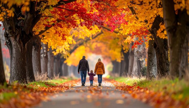 Family walking down a tree-lined path in autumn with colorful leaves.