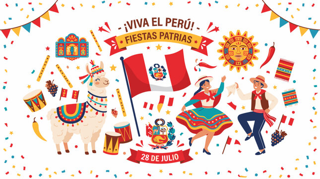Peruvian woman holding flag celebrates with dancer and llama at festive event