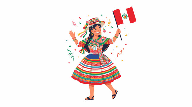 Peruvian woman proudly holding a flag in traditional dress outdoors