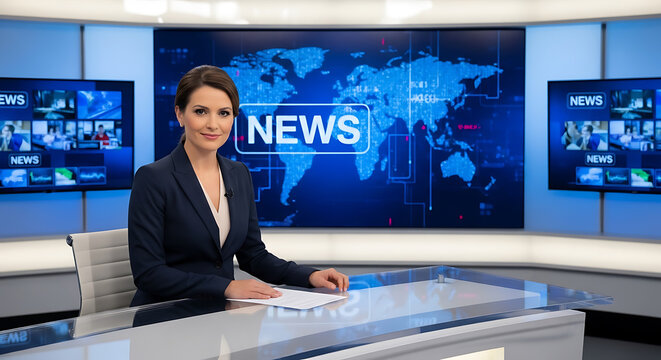 Elegant female news anchor looking at camera in high tech broadcasting studio