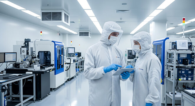 Engineers in white hazmat suits using digital tablet in manufacturing facility
