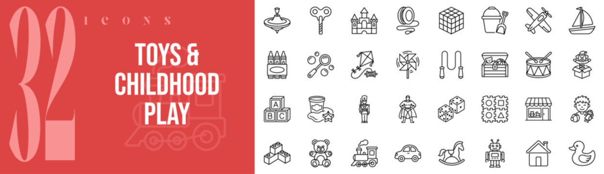Toys Childhood Play Kids Games 32 Outline Icons Vector Set