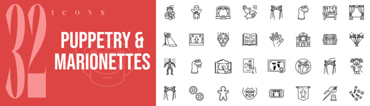 Puppetry Marionettes Theater Show 32 Outline Icons Set
