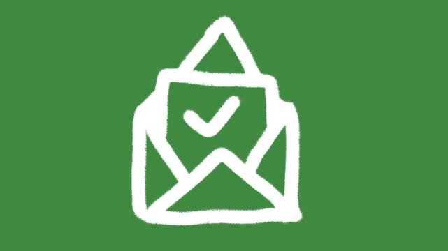 Open envelope checkmark mail verification hand-drawn cartoon graphic with chalk outline successful email icon and creative approved message symbol isolated on green screen background.