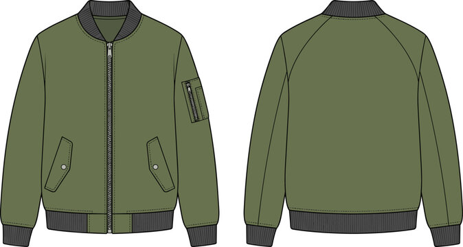 Blank khaki green bomber jacket mockup technical sketch template with front and back views sleeve zipper pocket clothing apparel fashion design vector illustration