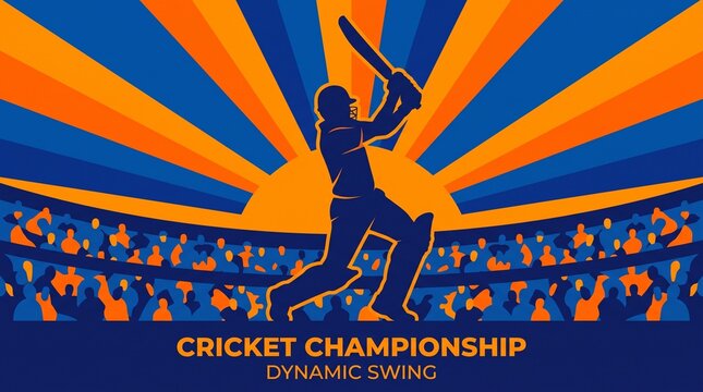 Dynamic Cricket Player Mid-Shot in Flat Vector Style With Stadium Sunburst Background and Clean Graphic Lines